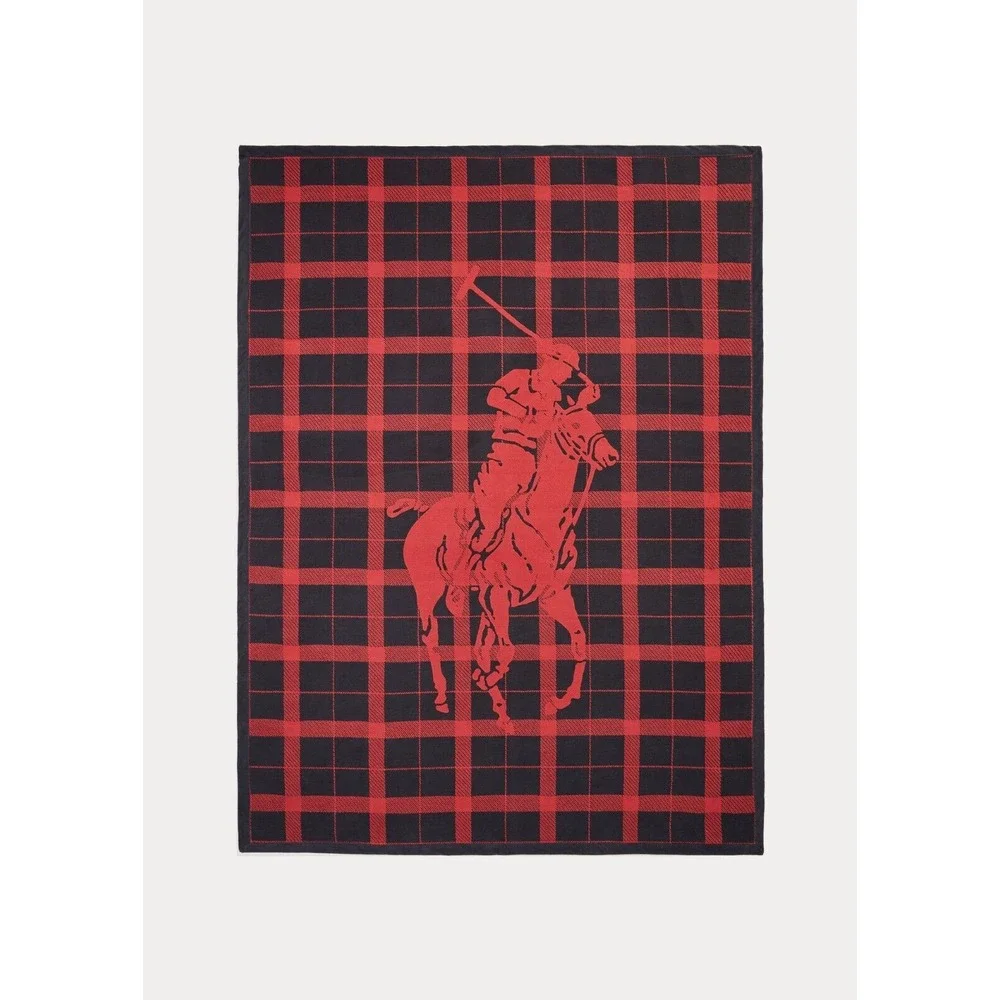 Polo Ralph Lauren‎ Home Oakwood Cotton Throw Red Black Blanket Big Pony 50 X 70